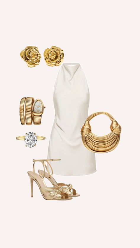 White dress and gold accessories White And Gold Birthday Outfit, Gold Aesthetic Outfit, Classy Style Aesthetic, Blair Waldorf Outfits, Sweet 16 Outfits, Job Clothes, Wedding Outfits For Women, Fancy Fits, Little White Dress