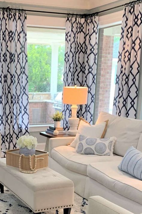 Navy And White Curtains Living Room, Blue White Curtains Living Room, Curtains Blue Living Room, White And Blue Curtains Living Room, Blue Drapes Living Room, Blue Living Room Curtain Ideas, Curtain With Blue Sofa, Blue And White Curtains Bedroom, Navy Blue And White Curtains Living Room