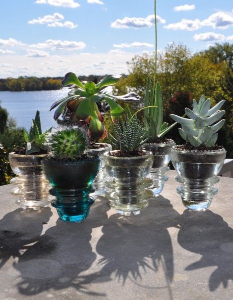 DIY – Cool and Creative Planters made from antique glass insulators! Glass Insulator Ideas, Insulator Crafts, Insulator Ideas, Succulents In Glass, Insulator Lights, Creative Planter, Succulent Planter Diy, Succulent Planters, Glass Insulators