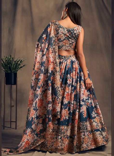 Buy Navy Blue Organza Floral Digital Print Umbrella Lehenga Party Wear, Sequins , Digital Print , Embroidered, umbrella lehenga Online Shopping | GHSAK42157614 Printed Satin Dresses Indian, Organza Choli, Digital Print Lehenga, Print Lehenga, Printed Lehenga, Floral Lehenga, Organza Lehenga, Lengha Choli, Blue Lehenga