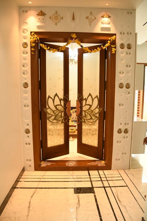 Devudu Room Door Designs, Pooja Room Design Simple, Pooja Room Doors Ideas Indian, Pooja Room Entrance Design, Puja Room Door Design Indian, Pooja Door Design Indian Homes, Pooja Room Double Door Design Modern, God Room Door Designs, Puja Room Door Design Indian Modern