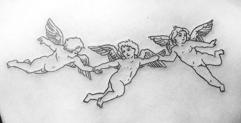 Cherub Chest Tattoo, Three Cherubs Tattoo, Three Angels Tattoo, Cherubs Tattoo, Tattoos Simplistic, Cupid Tattoo, Cherub Tattoo, Small Chest Tattoos, Tattoos Sleeve