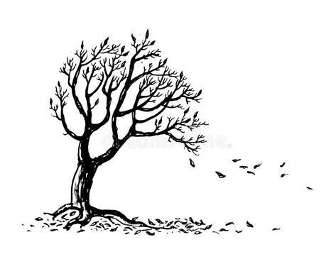 Fall Leaves Drawing, Fall Leaves Tattoo, Draw A Tree, Tree With Leaves, Oak Tree Tattoo, Leaves Sketch, Tree Outline, Leaves Falling, Silhouette Drawing