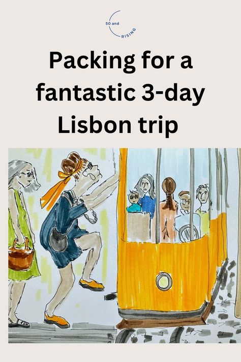 sketch of two women getting in a Lisbon yellow tram, people inside the tram What To Wear In Lisbon In September, Lisbon October Outfits, What To Wear In Lisbon In April, Lisbon Portugal Outfit September, What To Wear In Lisbon In October, City Break Outfit Autumn, Lisbon In September, What To Wear In Lisbon, Lisbon Portugal In December