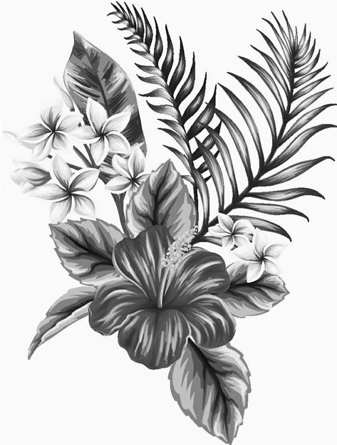 Nature Tattoos Stencil, Cute Big Back Tattoos For Women, Tropical Friend Tattoos, Island Sleeve Tattoos For Women, Island Flowers Tattoo, Hip Tattoos Women Leaves, Tropical Flower Shoulder Tattoo, Tropical Themed Tattoos, Tropical Inspired Tattoos