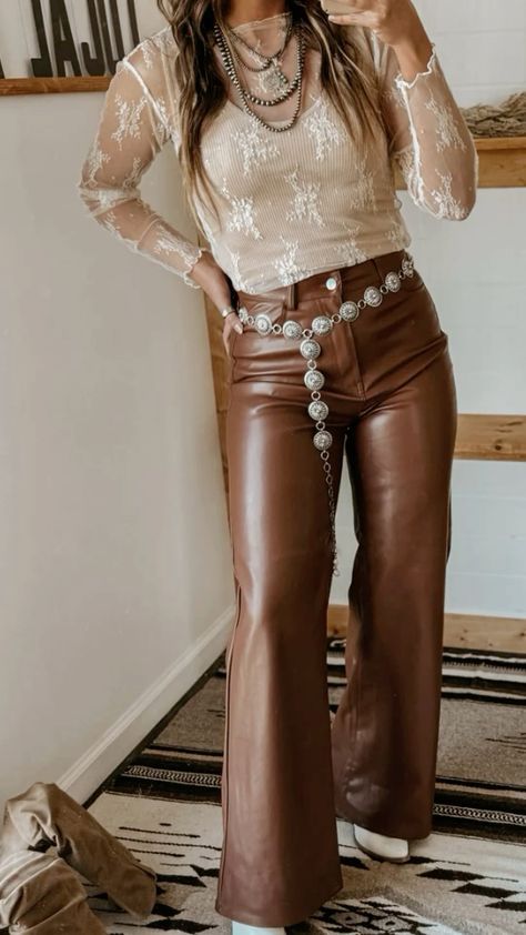 Turquoise Concho Belt Outfit, Leather Pant Western Outfit, Leather Pants Outfit For Concert, Women’s Western Fall Outfits, Western Leather Pants, New Years Eve Western Outfit Ideas, New Year’s Eve Country Outfit, Western Sparkle Outfit, Cream Colored Outfits For Women