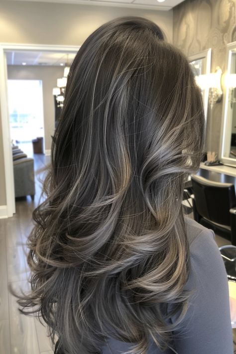 Charcoal Ombre Hair, Highlights Idea For Black Hair, Black Hair Dye With Highlights, Ash Brown Hair Highlights For Black Hair, Brown Hair With Ashy Lowlights, Dark Brown Platinum Highlights, Smoky Ash Brown Balayage, Natural Looking Highlights For Dark Hair, Dark With Lowlights