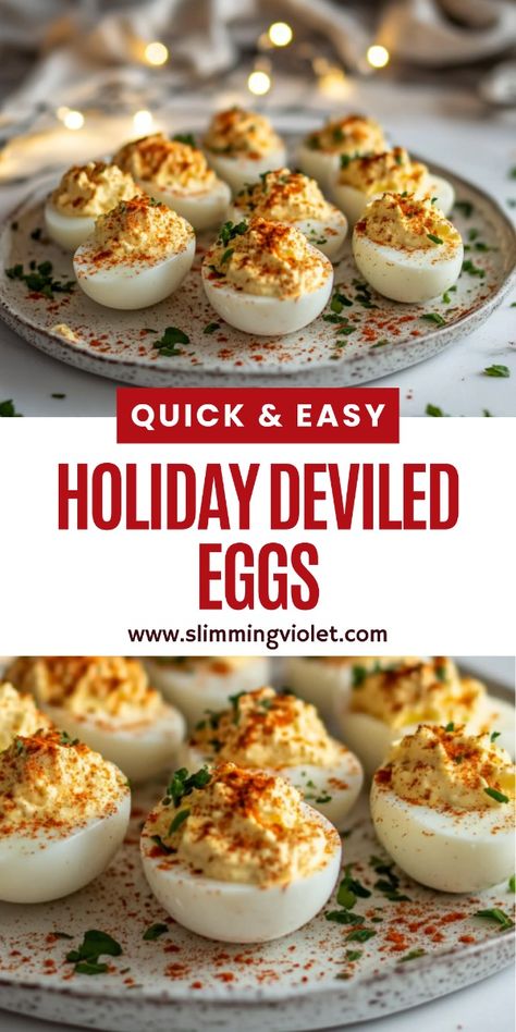 Looking for a classic appetizer with a twist? These holiday deviled eggs are creamy, flavorful, and dressed up for the season. Save this pin for a fun and easy appetizer! Devilled Eggs For Christmas, Deviled Eggs Brunch, Deviled Eggs Recipe Christmas, Good Deviled Egg Recipes, Deviled Eggs Thanksgiving Appetizers, Thanksgiving Appetizers Deviled Eggs, Stuffed Eggs Appetizers, Christmas Deviled Eggs Recipe Best, Deviled Eggs For Christmas