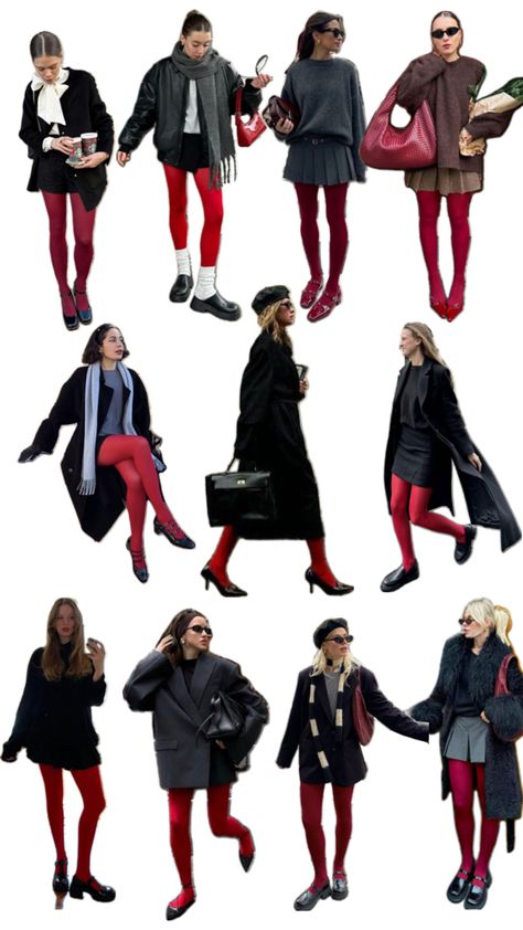 Burgundy Stockings Outfit, Spotty Tights Outfit, Dark Red Tights Outfit, Dark Red Tights, Red Tights Outfit Winter, Red Tights Aesthetic, Maroon Tights Outfit, Black Tights Outfit Casual, Floral Tights Outfit