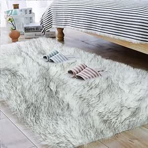 Carvapet Fluffy Shaggy Soft Faux Sheepskin Fur Area Rugs Floor Mat Chair Sofa Cover Beside Carpet for Bedroom Living Room 2.3ft x 5ft, White with Black Tips Best Area Rugs, Faux Sheepskin Rug, Soft Rugs, Black Tips, Carpet For Bedroom, Family Room Decor, Nursery Rug, Fluffy Rug, Rugs Floor