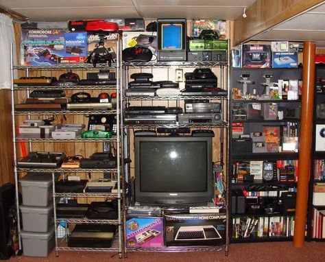 Gamer Basement, Diy Video Game Room, Console Collection, Video Game Organization, Diy Video Game, Retro Games Room, Nerd Room, Game Room Basement, Video Game Collection