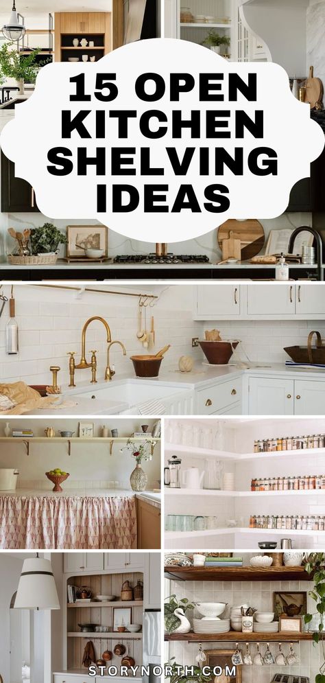 Save this pin for top-notch open kitchen shelving ideas that will transform your space! Get inspired to redecorate with these creative and stylish designs. #homedecor #kitchenshelving #interiordesignideas Kitchen Shelving And Cabinet Ideas, Kitchen Shelves Next To Cabinets, Wooden Floating Shelves In Kitchen, Kitchen Corner Wall Shelf Ideas, Wall Of Open Shelving, Kitchen Bookcase Ideas, Shelf Decor Kitchen Wall Shelves, Open Shelf Kitchen Styling, No Cabinet Kitchen Open Shelving