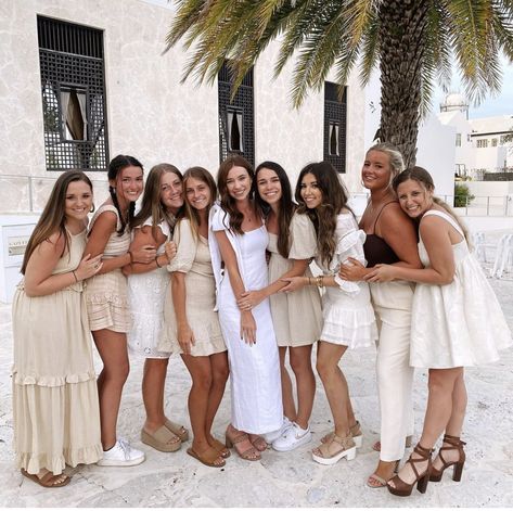 Hen Party Colour Theme Outfits, Bachelorette Neutral Outfits, Bachelorette Nude Theme Outfits, Bachlorette Party Ideas Classy, Bach Group Outfits, Classy Hen Party Outfits, Nude Beach Wedding, Bridal Beach Party Outfit, Classy Bachelorette Outfit Ideas