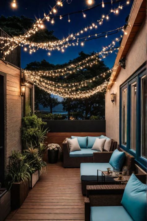 Festive balcony with fairy lights Fairy Lights Balcony, Balcony Fairy Lights, Balcony Lighting Ideas, Dream Balcony, Rooftop Lighting, Creative Lighting Ideas, Balcony Lights, Outdoor Balcony Ideas, Farmhouse Dining Room Lighting