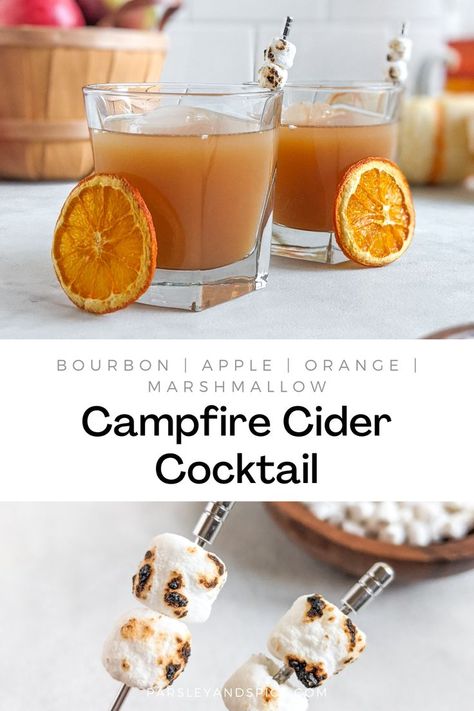 This cocktail is the taste of Fall, it is perfect for sipping on by the campfire. There is an apple base with hints of orange, bourbon, marshmallow, and vanilla. Marshmallow Bourbon Cocktail, Campfire S’mores Cocktail, Marshmallow Cocktail Drinks, Camping Themed Cocktails, Camp Theme Cocktail, Campfire Old Fashioned Cocktail, Camp Themed Cocktails, Campfire Drinks, Camp Cocktails