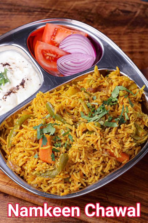 Namkeen Chawal Recipe | Namkeen Rice - Vegetable Pulao Tawa Pulao Recipes, Curd Rice Recipe, Paneer Snacks, Chawal Recipe, Idli Chutney, Pulao Rice, Chutney Sandwich, Vegetable Pulao, Mexican Rice Recipes