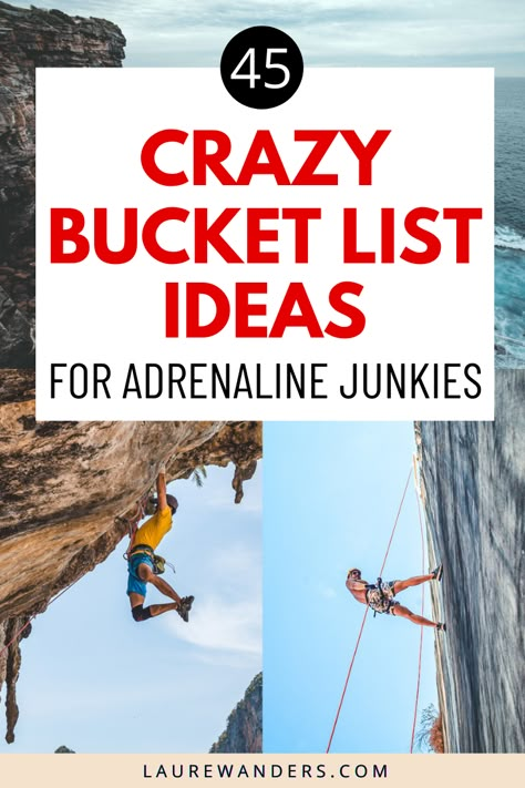 A list with some crazy and adventurous bucket list ideas for adrenaline junkies. Crazy bucket list ideas adventure / Extreme bucket list ideas / Wild bucket list ideas / Adrenaline experiences / Adrenaline things to do Adventure Ideas Things To Do, Bucket List For Men, Bucket List Experiences, Bucket List Ideas Adventure, Adventure Bucket List Activities, Adventurous Bucket List, Extreme Bucket List, Adrenaline Bucket List Ideas, Crazy Bucket List Ideas