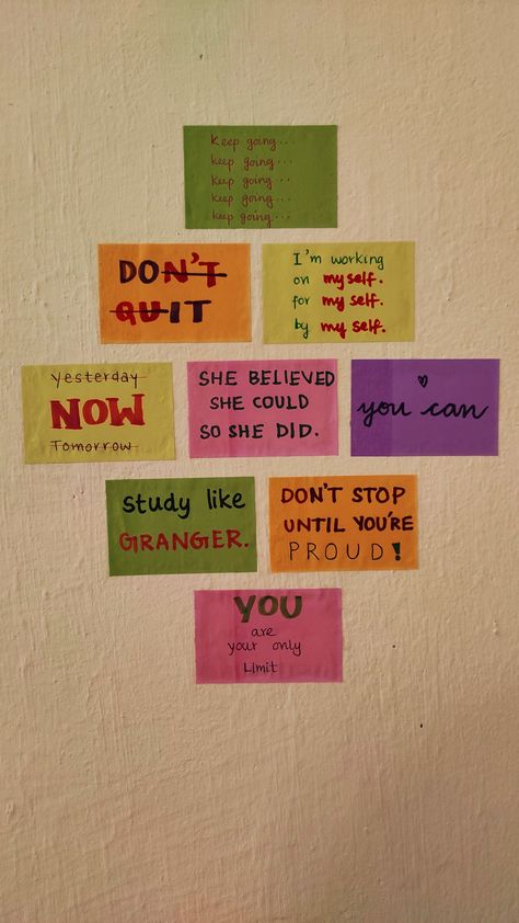 #snapchat #studyroom #motivation #selflove #selfcare Wall Decoration Ideas With Sticky Notes, Positive Quotes For Wall Decor, Sticky Notes Writing Ideas, Office Notes Ideas, Motivational Room Decor Ideas, Sticky Notes Aesthetic Art, Board Exam Motivation Quote, Note Making Ideas Student, Sticky Notes Ideas For Studying