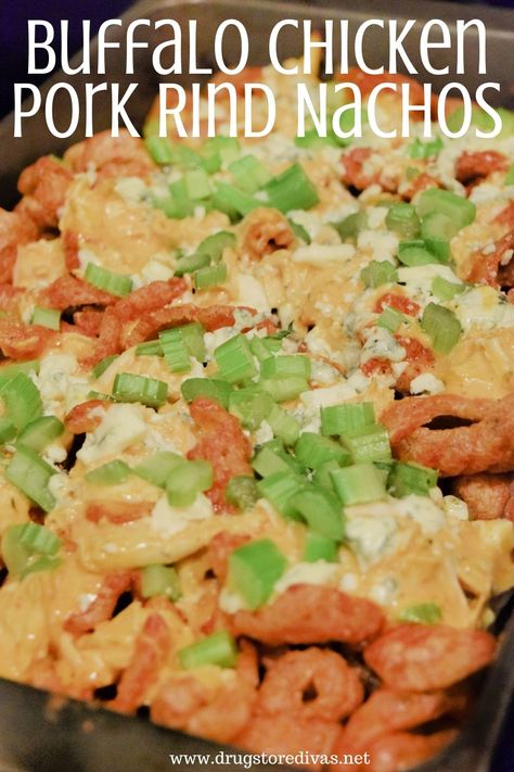 Pork Rind Nachos, Keto Pork Rinds, Keto Nachos, Pork Rind Recipes, Buffalo Chicken Nachos, Nachos Ingredients, Shredded Buffalo Chicken, Pork Rind, Slow Cooker Pulled Pork