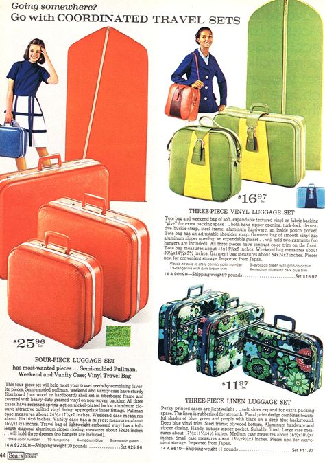 1970's coordinated luggage 70s Nostalgia, Sixties Fashion, Vintage Luggage, Perfect Handbag, African Inspired Fashion, Luggage Sets, Vintage Handbags, Vintage Travel, Vintage Ads