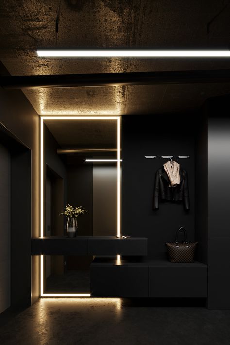 Studio Black Interiors, Dark Modern Bedroom, Modern Hall, Design Hall, Contemporary Loft, Dark Modern, Black Interior Design, Modern Closet, Hotel Room Design