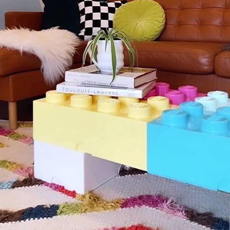 Lego Coffee Table, Strange Decor, Table Lego, Quirky Living Room, Weird Furniture, Lego Boxes, Diy Lego, Pastel Interior, Plumbing Accessories