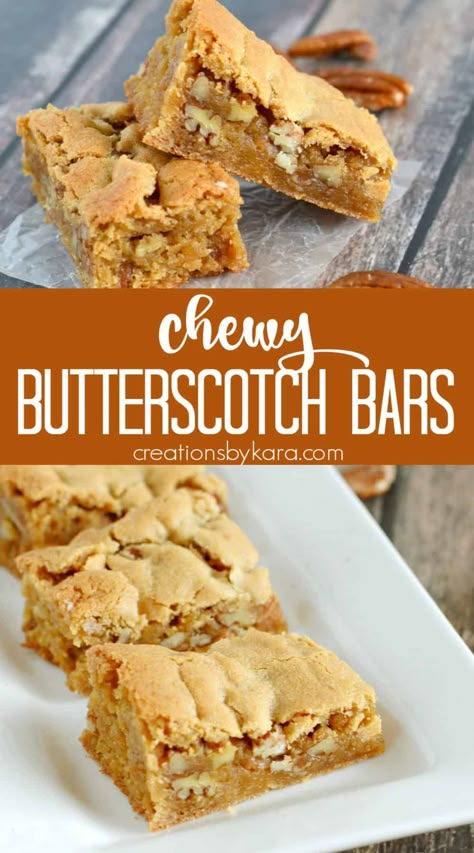 Maple Butterscotch Bars recipe -Give these rich and chewy Butterscotch Bars a try. They are a delicious bar cookie recipe! #butterscotchbars #chewybutterscotchbars #butterscotchblondies #butterscotch #creationsbykara Simple Cookie Bar Recipes, Butterscotch Recipes Homemade, Butterscotch Bars Recipe, Butter Scotch Cookies Recipes, Butterscotch Chip Recipes, Butterscotch Recipe, Scotcharoos Recipe, Maple Bars Recipe, Butterscotch Lush