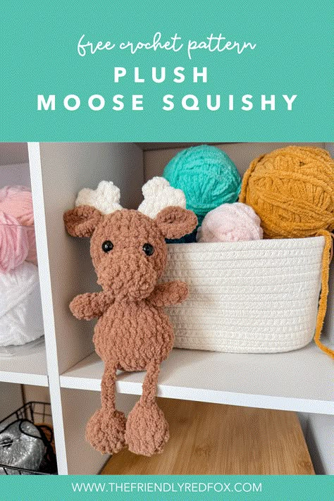 Looking for a lovable, squishy friend? This free moose crochet pattern, with its adorable dangly legs, works up quickly with blanket yarn—perfect for gifts or your own collection! Free Pdf Crochet Patterns, Baby Yarn Projects, Easy Crochet Animals Free Patterns, Moose Crochet Pattern Free, Free Crochet Moose Pattern, Crochet Moose Blanket, Moose Crochet Pattern, Moose Crochet, Crochet Advent Calendar