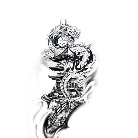 Dragon Tattoo Designs Leg, Fine Line Japanese Tattoo Sleeve, Asian Tattoos Men Ideas, Dragon Leg Tattoo Men Design, Japanese Tattoo Art Half Sleeve, Samurai And Temple Tattoo, Dragon And Temple Tattoo, Japanese Forearm Sleeve, Asian Dragon Tattoo Men