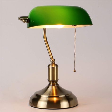 Modern And Vintage Decor, Green Library, Library Lamp, Bedside Reading Lamps, Lampe Art Deco, Bankers Lamp, Green Lamp, Design Object, Antique Brass Metal