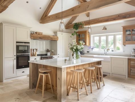 Woodmancote Family Home, The Cotswolds  The kitchen and pantry were completely refurbished, whilst utilising original flagstone flooring and maintaining the timber beams.  The ochre tones of the timber beautifully complement the off white cabinetry and Carrara marble countertops @livra.uk, creating a refreshed timeless interior that will last for decades to come.    #wellnessinteriors #cotswoldhomes #cotswoldliving #kitchendesign #sustainabledesign Timber Top Kitchen, Beams Kitchen, Beam Kitchen, Carrara Marble Countertops, Flagstone Flooring, Kitchen And Pantry, Timeless Interior, Timber Beams, White Cabinetry