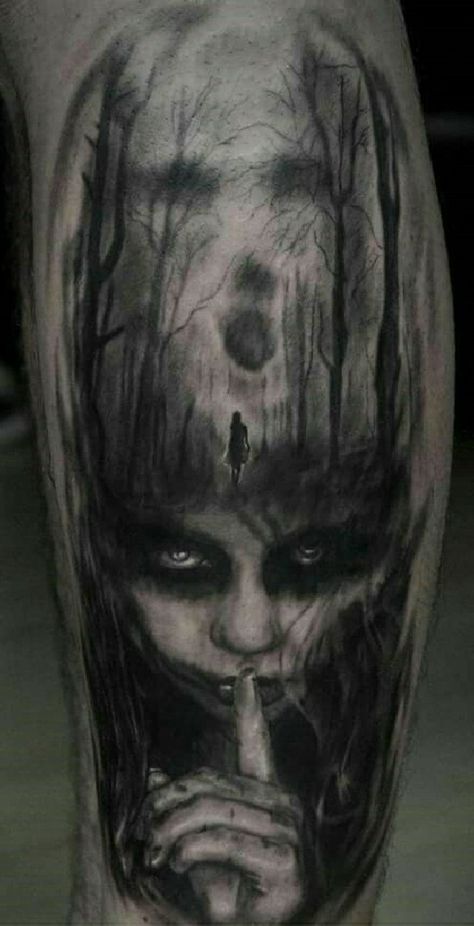 Haunting Tattoos Beautiful, Sinister Tattoos Dark Art, Tattoos To Fill In Space, Dark Forest Tattoo Design, Creepy Tree Tattoo, Dark Fairy Tattoo Designs, Dark Realism Tattoo, Hanging Tattoo, Dark Tattoos Creepy Beautiful