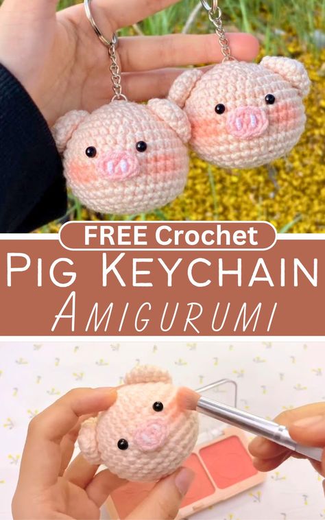 Crochet Pig Keychain Amigurumi Crochet Pig Keychain, Amigurumi Pattern Free, Fluffy Crochet, Pig Crochet, Knitting Patterns Free Dog, Keychain Amigurumi, Pig Keychain, Key Collection, Crochet Keychains