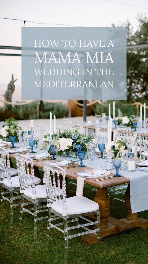 With a casual blue and white color palette and the romance of a fairytale, this whole wedding day was an absolute dream. #weddingplanning #weddingreception #weddingchicks #weddingideas #mamamiawedding #greekwedding #blueweddingideas #weddingdecor #tabledecor Mamma Mia Tablescape, Wedding With Blue Accents, Greek Wedding Theme, Mamma Mia Wedding, Cheap Wedding Table Centerpieces, Chinoiserie Wedding, Cyprus Wedding, Mediterranean Wedding, Wedding Vision