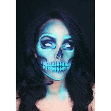 Black Light Skull Makeup, Blue Sugar Skull Makeup, Glow In The Dark Skeleton Makeup, Blue Skeleton Makeup, Blue Skull Makeup, White Sugar Skull Makeup, Neon Skeleton Makeup, Neon Halloween Makeup, Neon Skull Makeup