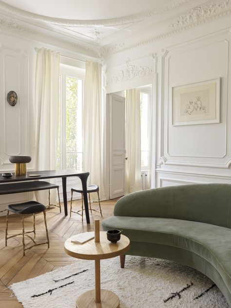 Neoclassical Design, Neoclassical Interior, Minimalist Bed, Popular Paint Colors, Herringbone Floor, Bright Rooms, Flooring Trends, Parisian Apartment, Alvar Aalto