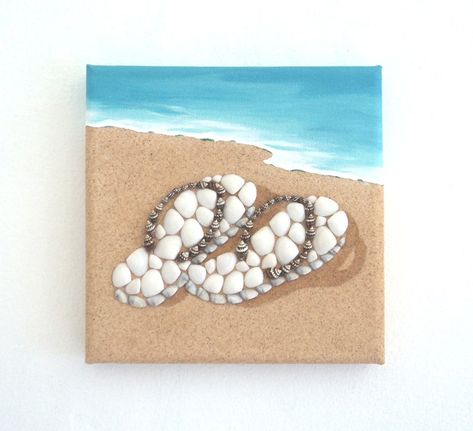 Flipflops on the Beach in Seashell Mosaic 3D Wall Art, Flipflops in the Sand Collage, Beach House Decor, Flipflops Beach Life Art, Flipflops - Etsy Seashell Fish Art, Sea Shell Canvas Art, 3 Dimensional Art, Seashell Mosaic, Seashell Artwork, Shell Artwork, Beach Themed Crafts, Seashell Wall Art, Art Coquillage