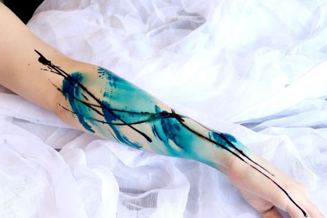 Blue Sleeve Tattoo, Brush Strokes Tattoo, Abstract Watercolor Tattoo, Watercolor Tattoo Sleeve, Blue Ink Tattoos, Clavicle Tattoo, Atlas Tattoo, Abstract Art Tattoo, Cyberpunk Tattoo