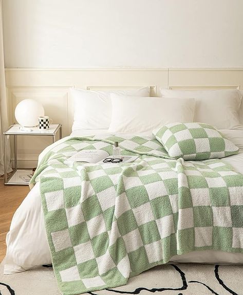 Ultra-Soft Buffalo Checkerboard Grid Fluffy Microfiber Knitted Throw Blanket Super Cozy Lightweight Checkered Bed Blanket for Sofa Couch Bed Matcha 51"X63" Checkered Pattern Design, Cama Queen Size, Barefoot Dreams Blanket, Couch Blanket, Sleeping Room, Twin Blanket, Knit Throw Blanket, Household Decor, Sofa Couch Bed