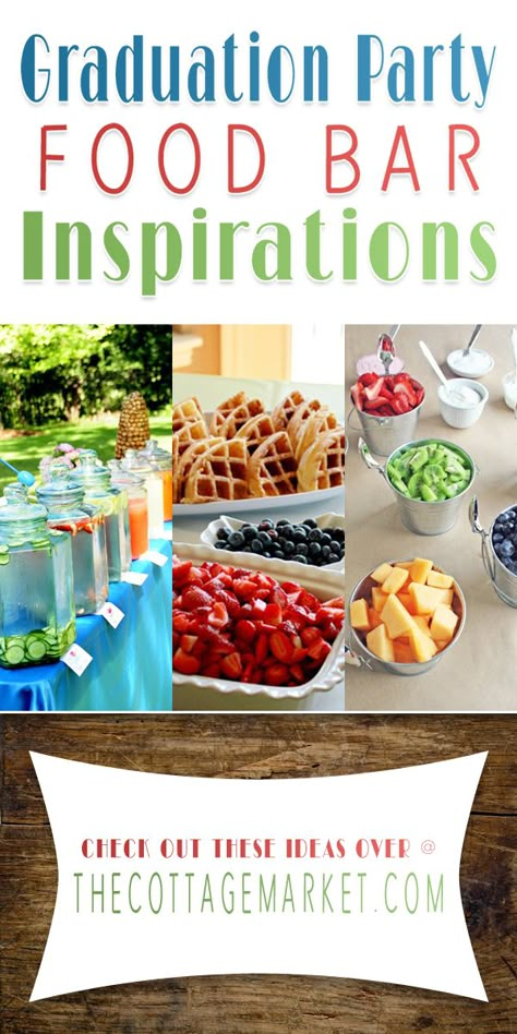 Graduation Party Food Bar Inspirations - The Cottage Market including a dozen FREE PRINTABLE BANNERS you can use for your Graduate and Food Bars...Complete Alphabet + in a 12 different varieties including chalkboard! Graduation Party Food, Graduation Brunch, Unicorn Party Food, Party Food Bar, Graduation Food, Graduation Party Foods, Food Bars, College Graduation Parties, Food Bar