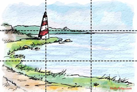 Rule of Thirds ♥ How to compose Great artwork. EASY step by steps for using the rule of thirds in your drawings & paintings. | HelloArtsy.com Rule Of Thirds Drawing, Rule Of Thirds Examples, Rule Of Thirds Photography, Beginners Drawing, The Rule Of Thirds, Rule Of Three, Lighthouse Painting, Art Rules, Watercolor Tips