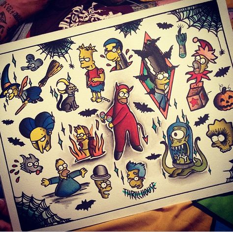 Simpsons tattoo flash by bootattoo89 Simpsons Halloween, Comic Book Tattoo, Monster Falls, Simpsons Tattoo, Tattoo Uk, Done And Dusted, Movie Tattoos, Flash Tattoo Designs, Flash Sheet