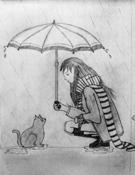 Rainy day Drawing girl in rain saving a cat..humanity sketch Drawing Rain, Rainy Day Drawing, Girl In Rain, Rainy Day Fashion, Drawing Wallpaper, Tattoo Videos, Nature Drawing, Realism Tattoo, Girl Drawing