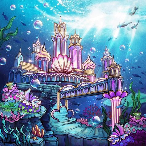 Underwater Castle, Mermaid Cave, Underwater Background, Castle Illustration, Underwater House, Castle Drawing, H2o Mermaids, Underwater City, Underwater Art