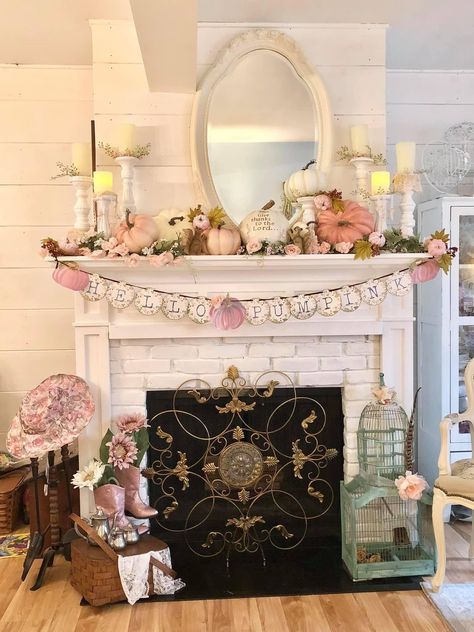 Pink Fall Mantle Decor, Shabby Chic Fireplace Mantle, Fireplaces Fake, Pumpkin Mantle, Shabby Chic Mantle, Shabby Chic Fall Decor, Chic Fireplace, Shabby Chic Fireplace, Faux Mantle