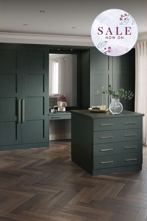 Dark Green Bedroom Wardrobes, Dark Green Dressing Room, Dark Dressing Room, Neville Johnson, Fitted Bedroom Furniture, Bedroom Built In Wardrobe, Fitted Bedrooms, Free Brochure, Wardrobe Design Bedroom