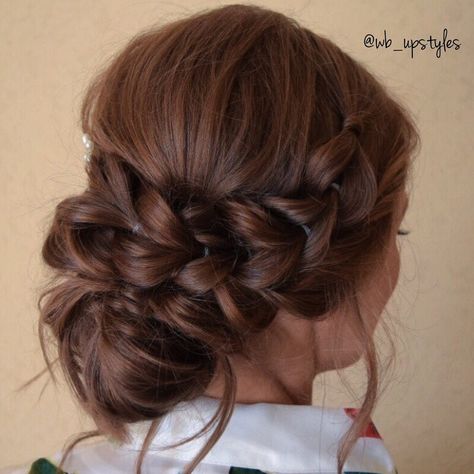 (@wb_upstyles) Romantic pull-through-braid with a low undone bun in the back for Erin on her wedding Day! Bridal Hair Low Bun, Hair Low Bun, Bride Hairstyles Updo, Auburn Hair Color, Pull Through Braid, Elegant Wedding Hair, Hair Color Auburn, Cool Braids, Beautiful Braids