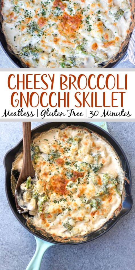 Gluten Free Gnocchi Recipes, Broccoli Gnocchi, Hearty Recipes, Gluten Free Gnocchi, Cheesy Broccoli, Meatless Dinner, Gnocchi Recipes, Pan Meals, Broccoli Recipes