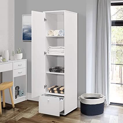 Amazon.com: Kings Brand Furniture - Corry Wardrobe Armoire Closet, Tall Storage Cabinet, White: Kitchen & Dining Single Cupboard Design, No Closet Solutions Bedroom Small Spaces Armoires & Wardrobes, Storage Closet Shelving, Simple Furniture Design, Single Door Wardrobe, Single Wardrobe, Wooden Wardrobe Design, Single Door Design, Wardrobe Door Designs