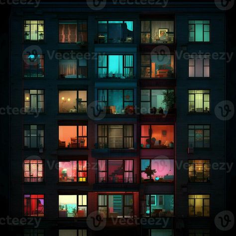 Bright colors apartment window lights at night. High-resolution. AI Generative Apartment Window, Window Lights, Night Window, Lights At Night, Artsy Photography, Night High, Window Light, Window View, Through The Window